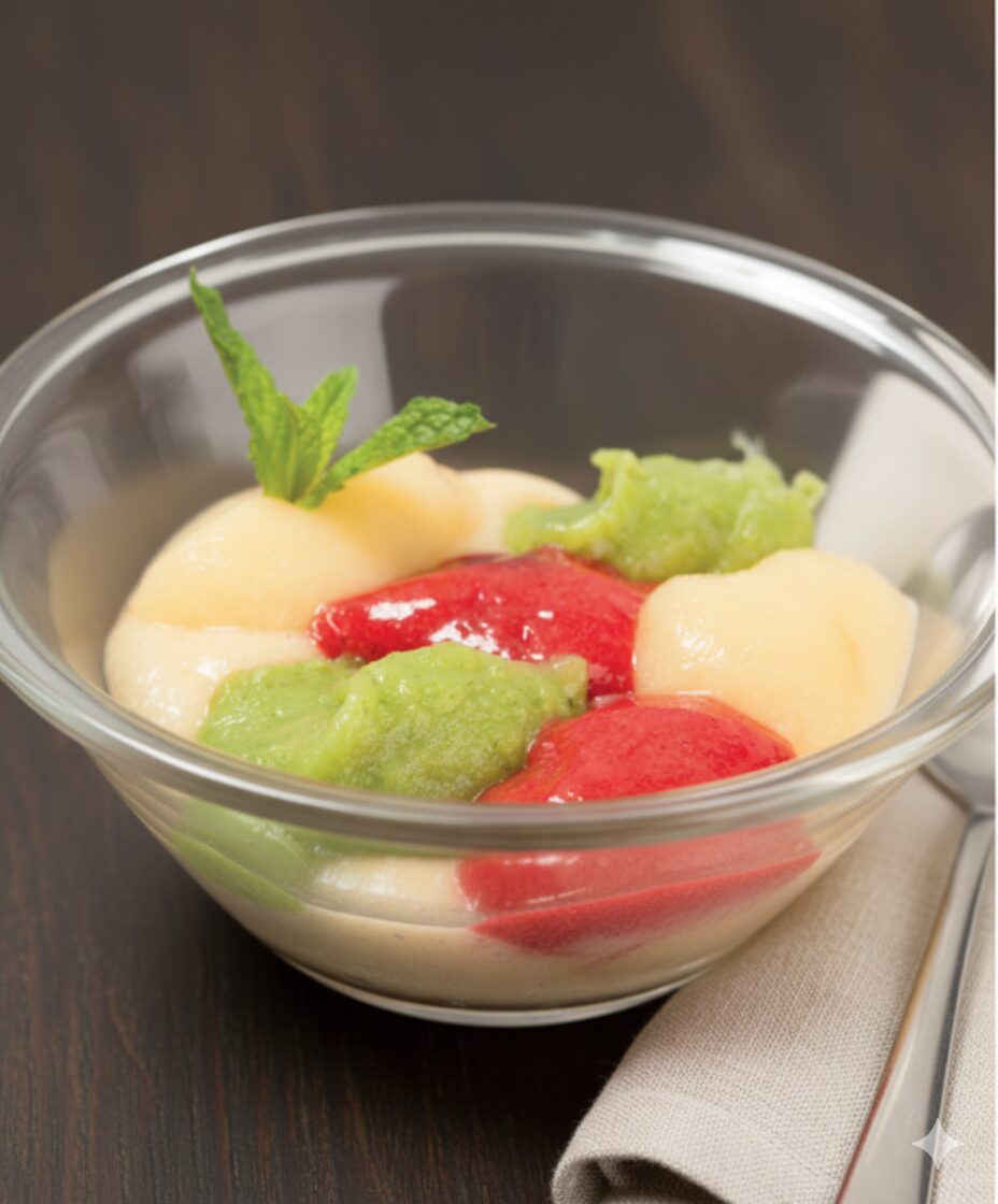 Fruta variada texturizada adaptada para disfagia